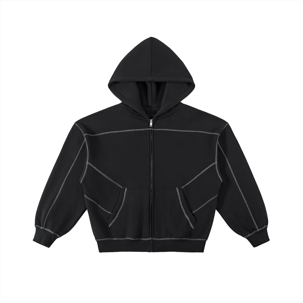 Contrast-Stitched Boxy Fleece Zip Hoodie