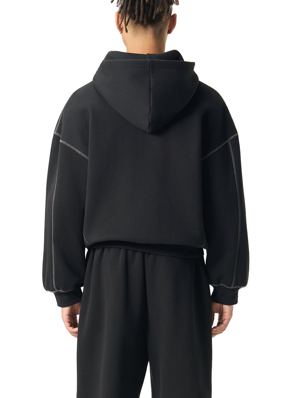 Contrast-Stitched Boxy Fleece Zip Hoodie