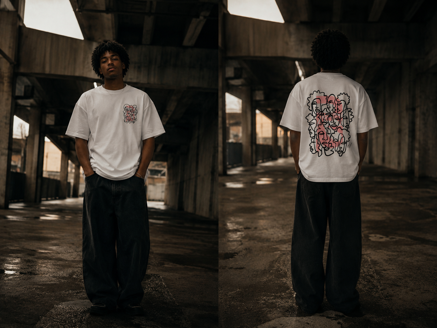 Two people wearing white t-shirts with graphic designs in a dark, industrial setting.